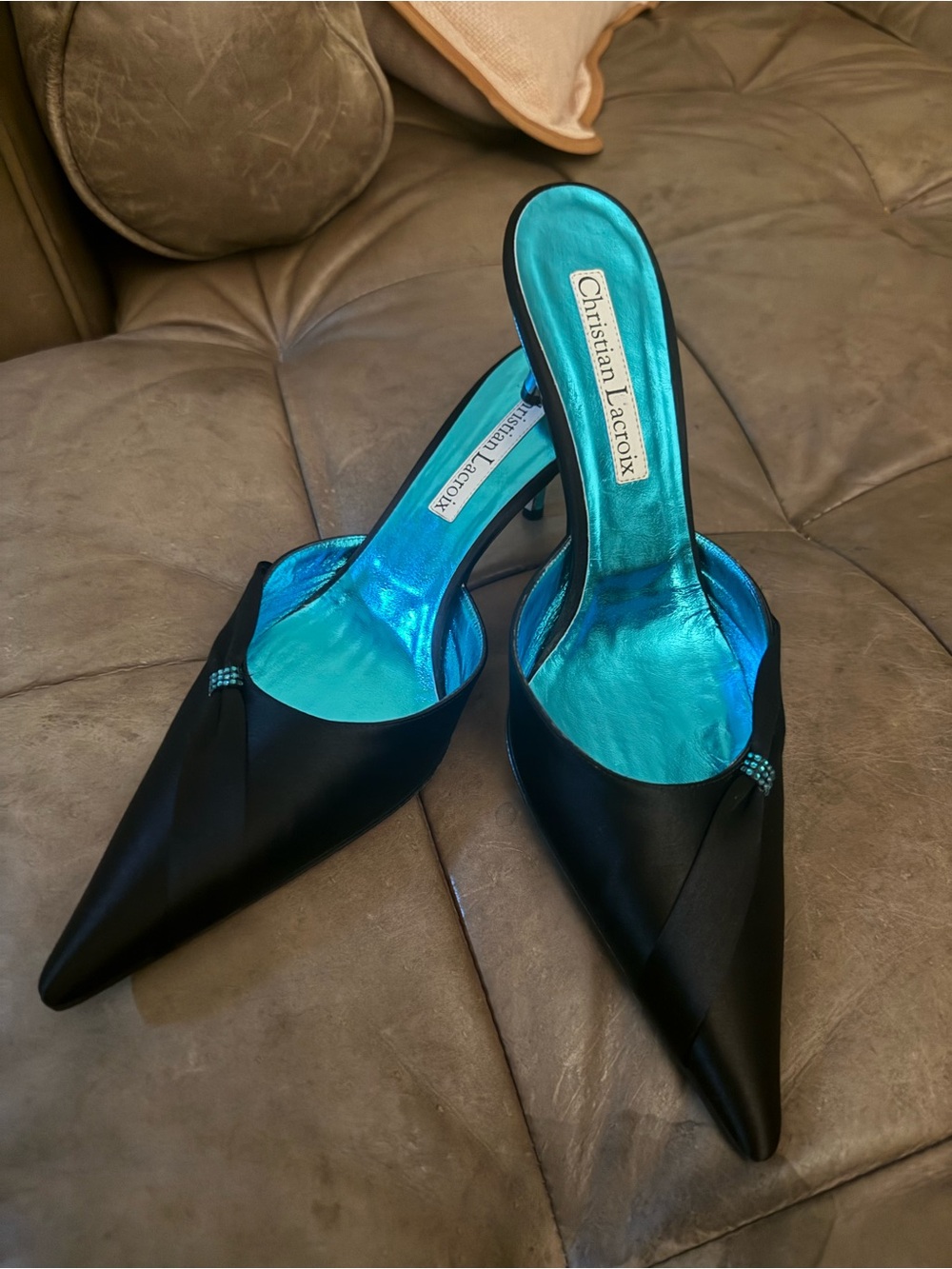 Christian Lacroix Black Satin Pointed-Toe Mules with Turquoise Insole